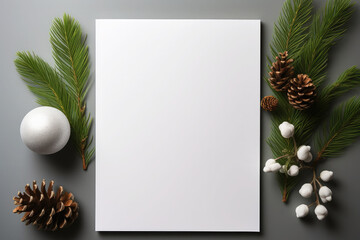 Wall Mural - White frame is sitting on a wooden shelf with Christmas tree branches around it.