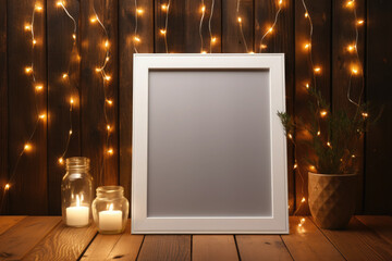 Wall Mural - White frame is standing on a wooden table with fairy lights and candles, creating a warm and cozy atmosphere. Merry Christmas and New Year! Copy space. Mock up