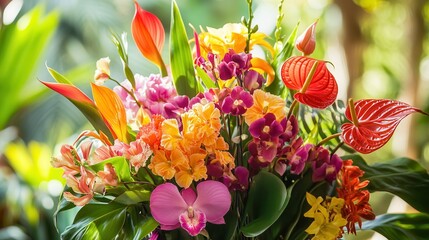 Poster - A stunning arrangement showcases a mix of tropical flowers, including orchids and birds of paradise, in a bright and colorful bouquet. Generative AI