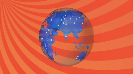 Poster - Rotating globe with blue digital map animation over orange striped background