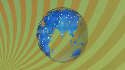 Poster - Rotating globe with blue continents over green and yellow striped animation