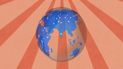 Poster - Rotating globe with blue digital continents animation over orange radial background