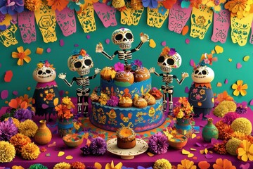 Day of the Dead Celebration with Skulls and Flowers.