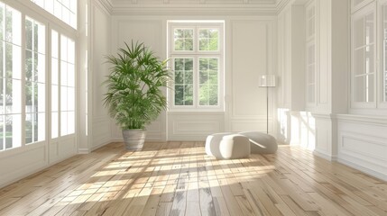 a living room with white walls and hardwood flooring, including a large green plant in the center of the room