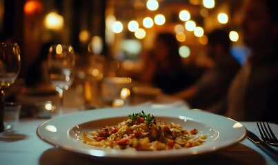 Wall Mural - dinner dish on top of a table in a busy italian restaurant, Generative AI 