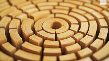 Wooden Background: Wooden curved blocks arranged in concentric circles.