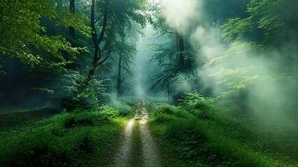 Wall Mural - Enchanted Forest Path: Sunbeams pierce through a mystical, misty forest, illuminating a dirt path that beckons explorers into the unknown. 