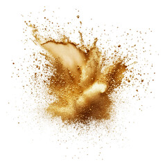 Golden powder burst in bright white background, cut out - stock png.