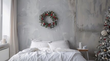 Wall Mural - Beautiful bed and Christmas mistletoe wreath on grey wall in bedroom