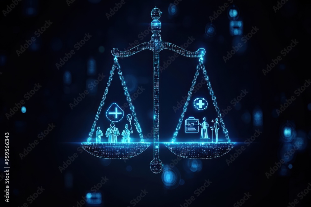 Doctor Balance A digital representation of a scale balancing healthcare symbols (like ...
