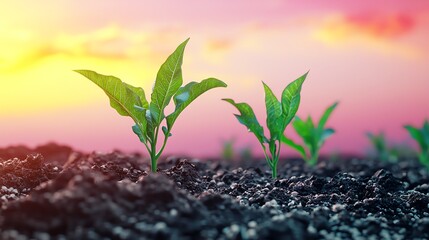 Two green seedlings emerge from the soil at sunset, symbolizing growth, new beginnings, and hope.