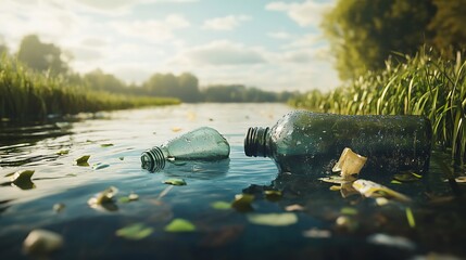 Wall Mural - Plastic Pollution in a Tranquil River