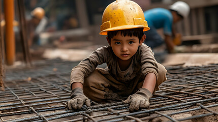 Canvas Print - A child in a construction site wearing a helmet and gloves.