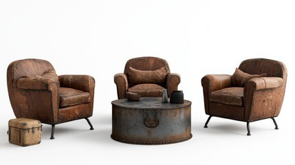 Stylish vintage seating set with brown leather chairs and a round metal table, perfect for modern home decor and cozy spaces.