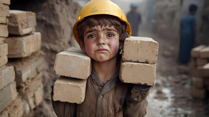 Canvas Print - A child laborer carrying bricks in a dusty environment.