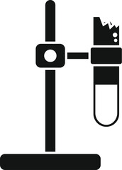 Poster - Black solid icon for a broken test tube held by a clamp on a stand, style is flat and simple