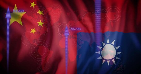 Poster - Rising arrows and data points animation over flags of China and Taiwan