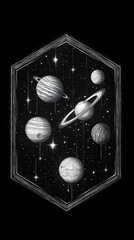 Wall Mural - A black and white illustration of a framed hexagon with stars, planets, and rings inside against a dark background.