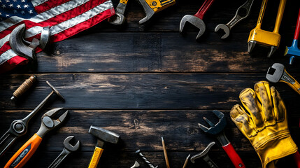 A collection of tools arranged on a wooden surface with an American flag.