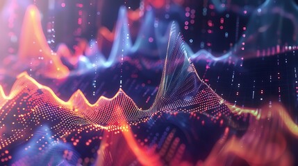 Poster - Vibrant abstract digital landscape with shining waves and lines for Technology data interconnectedness concept.