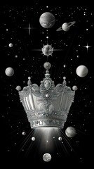 Wall Mural - A silver crown sits atop a shining light in a black and white depiction of the cosmos, with planets and stars surrounding it.