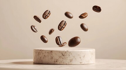 Roasted coffee beans surrounding an empty marble round podium