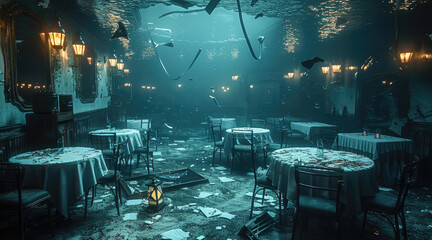 Sticker - An underwater restaurant, tables and chairs broken and scattered, shattered lanterns on the floor, dim blue light filtering through the water. Generative AI.