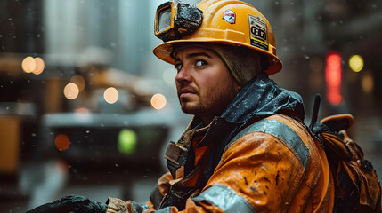 Wall Mural - A construction worker in a snowy urban environment.