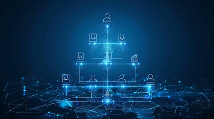 Fototapete - Digital illustration of network structure with Hierarchical organization Line Icons for Teamwork communication or connectedness concept in digital context.