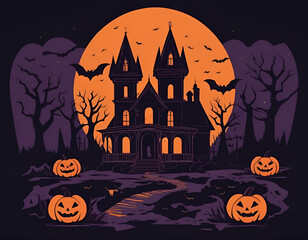 Halloween background with pumpkin and bats, festive autumn scene, spooky night theme