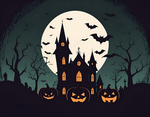 Halloween background with pumpkin and bats, festive autumn scene, spooky night theme