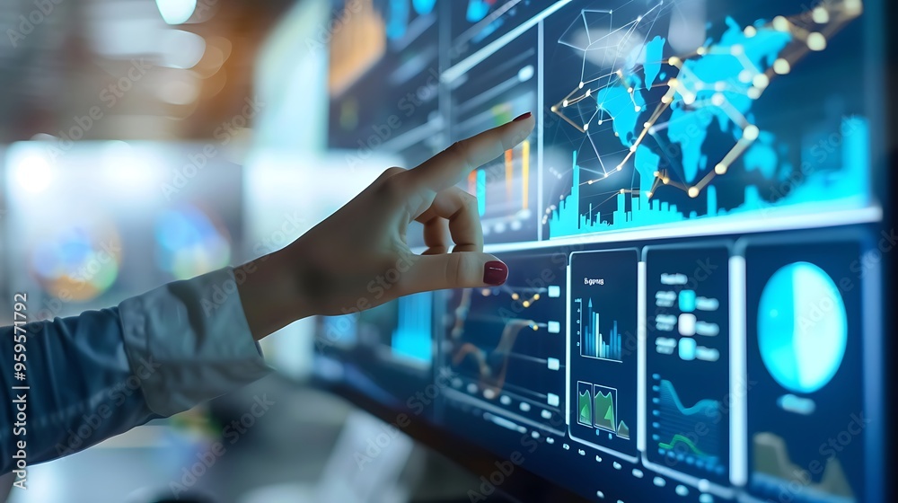 Hand interacting with digital screen data graph diagram visualization ...