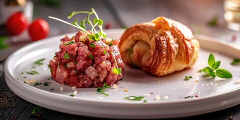 Canvas Print - Traditional steak tartare accompanied by a buttery croissant.