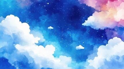 Watercolor painting of a blue sky with white clouds and stars.