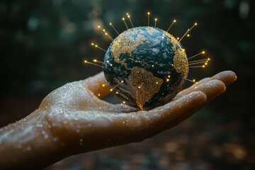 A giant hand gently holding a miniature Earth, with beams of light connecting the hand to various parts of the globe, representing America's guiding role in global affairs