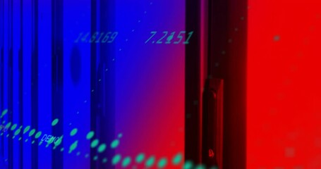 Poster - Colorful data points and numbers animation over abstract red and blue background