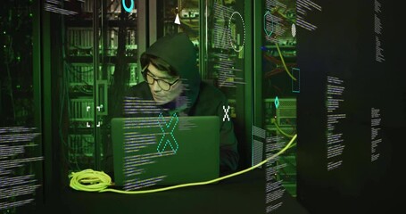 Poster - Typing on laptop, person in hoodie surrounded by cybersecurity animation