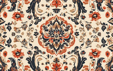 Wall Mural - 7. **Full-size seamless Indian rug pattern with intricate paisley and floral elements**