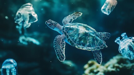 Canvas Print - Sea Turtle Silhouette Swimming Through Blue Waters