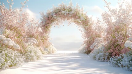 Wall Mural - Floral garland over wedding arch, garden ceremony. Generative AI.