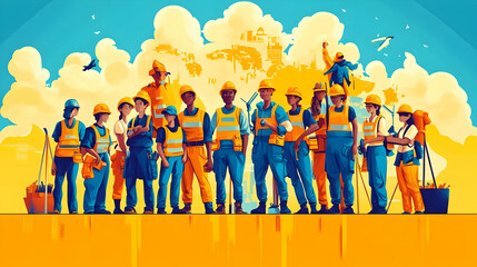 Poster - A diverse group of construction workers standing together.