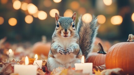 Sticker - A squirrel curiously investigates pumpkins and glowing candles among colorful autumn leaves, capturing a whimsical seasonal moment