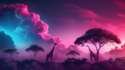 Wall Mural - Neon-lit landscapes featuring wild forests and savannahs at night, with silhouettes of animals like giraffes and cheetahs roaming under the vibrant sky.