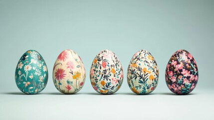 Colorful Easter eggs showcasing intricate floral designs are displayed against a light blue backdrop, celebrating the season of renewal