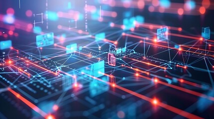 Fototapete - Abstract Digital network with virtual world data flow connections.