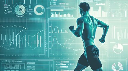 Poster - Muscular runner with futuristic data visualization background for Fitness tracking concept or modern context data analysis.