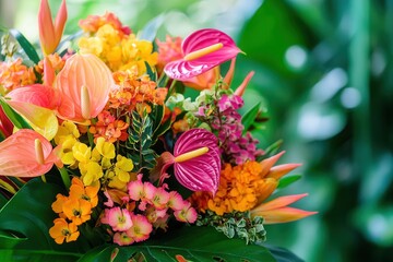 Poster - A stunning arrangement of tropical flowers showcases bright orchids, birds of paradise, and anthuriums, enhancing a lively atmosphere. Generative AI