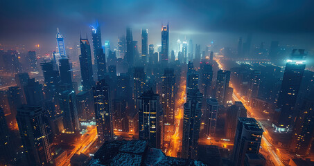 Aufkleber - Beautiful Cityscape Of Modern Futuristic Buildings And Towers In Night City Light. Generative AI.