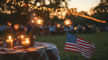 Wall Mural - A festive outdoor gathering with candles and a flag at sunset.