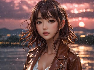 semi realistic artwork close up beautiful japanese or asian women under the rains and snow with cool background